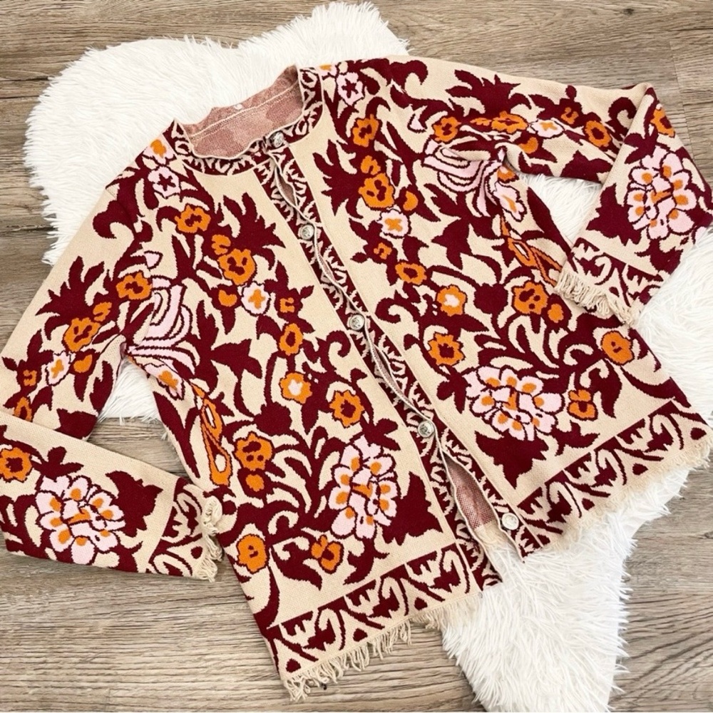 Tapestry Print Sweater Fringe Boho Granny Core Cardigan Fall Autumn Academia